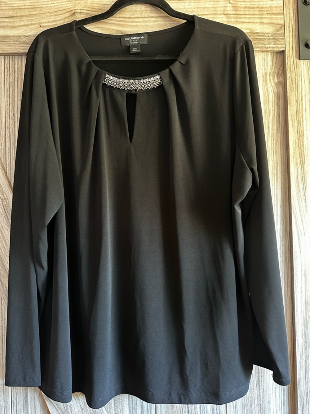 Buy 2 Get 1 Free! Liz Claiborne Black Embellished Keyhole Long-Sleeve Top 2X